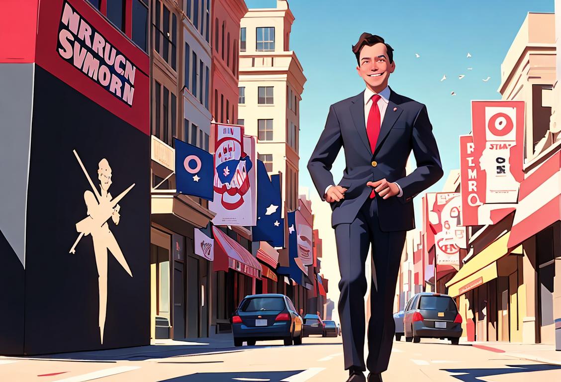 Smiling entrepreneur in a sharp suit, standing in front of a campaign poster, bustling city street scene, American flag in the background..