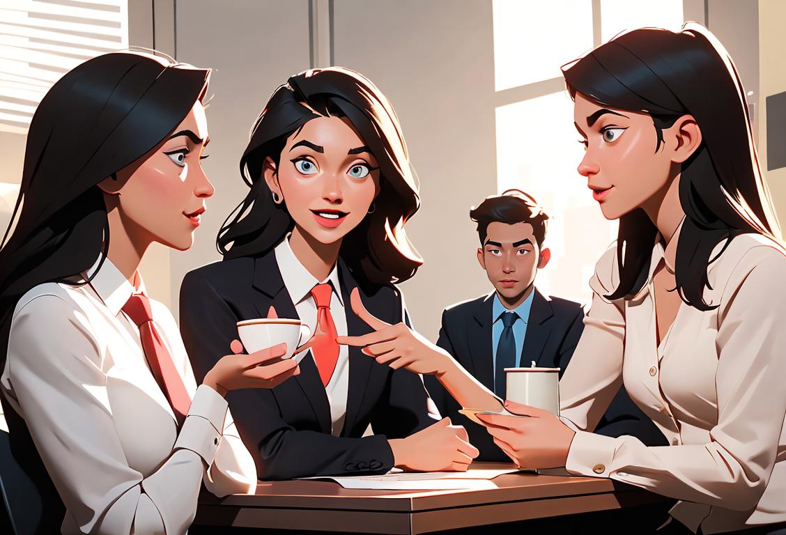 A group of interns in business attire, having a lively conversation over cups of coffee in a modern office setting..