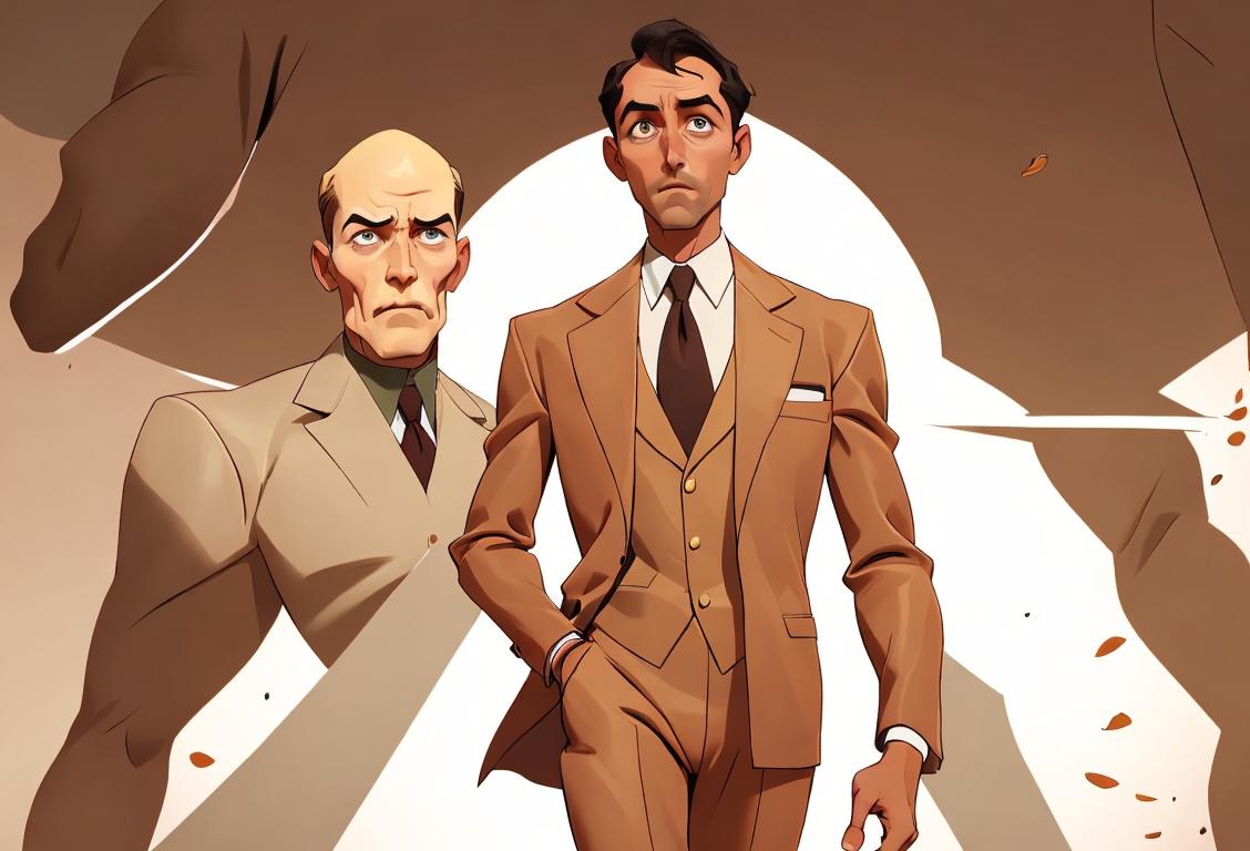 A man confidently strutting in a tan suit with a bold pocket square, surrounded by a backdrop of fashion critics and lively debate..