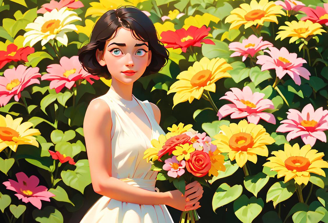 Young girl holding a bouquet of flowers, wearing a sundress, vintage style fashion, cheerful garden setting..