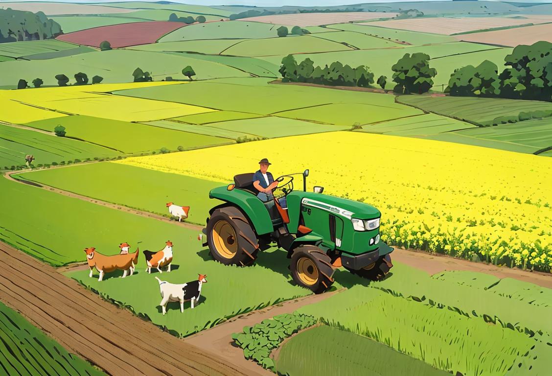 A group of diverse farmers in their work attire, surrounded by fields of crops, tractors, and farm animals, showcasing the beauty and hard work of agriculture..