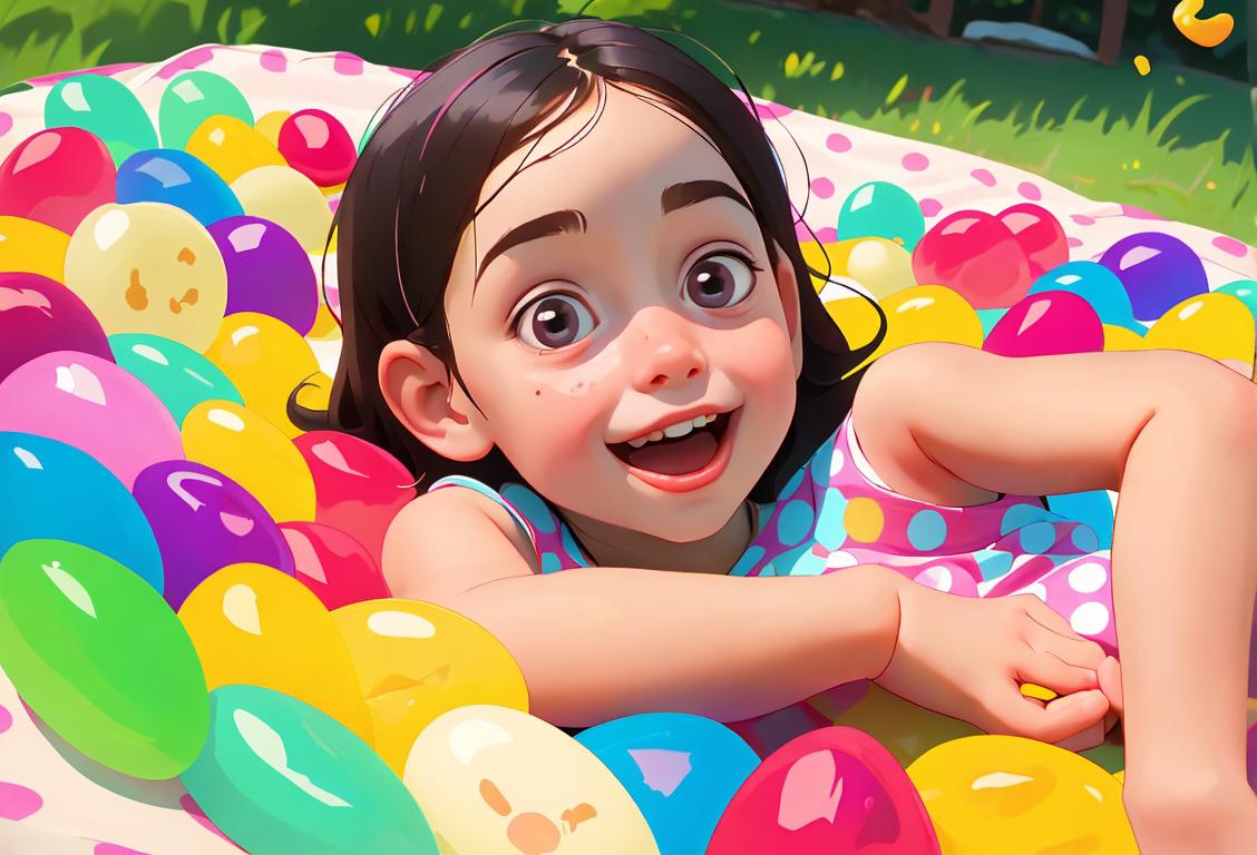 A joyful child exploring a colorful jelly bean wonderland, wearing a polka dot dress, summer picnic scene..