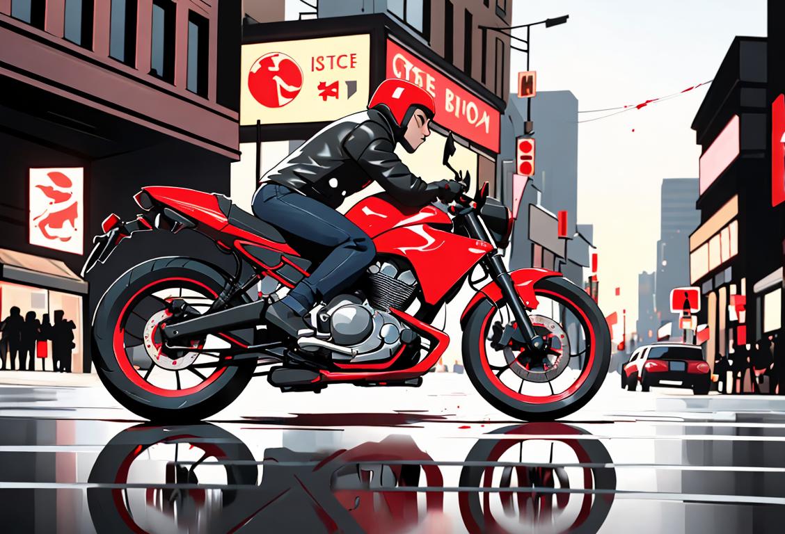 Young male adult riding a motorcycle wearing a reflective vest, modern urban city scene, symbolizing National Blood Bike Awareness Day..