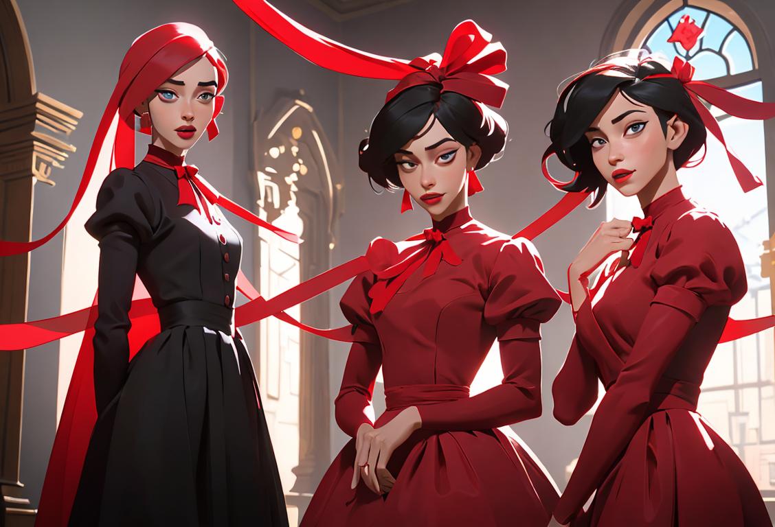 A diverse group of individuals wearing red ribbons, different styles of clothing and in various lively settings..