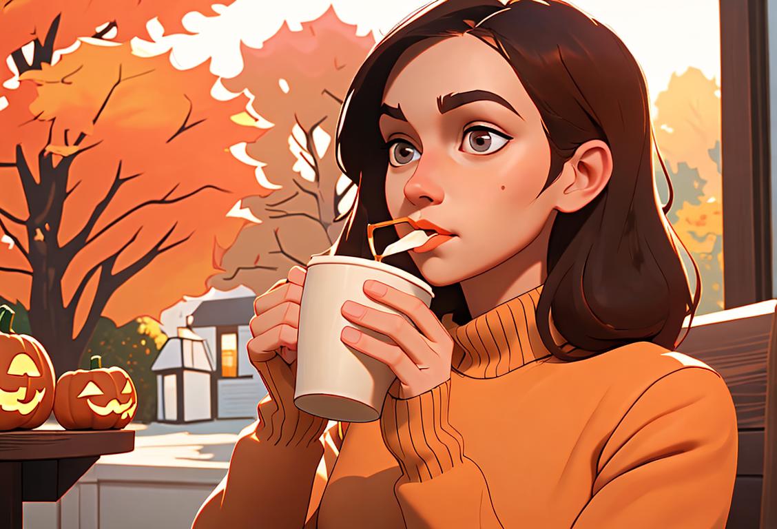 Young woman sipping a latte in an autumn-themed coffee shop, wearing a cozy sweater, surrounded by fall foliage and pumpkins. Everyone welcome to share their love for fall!.