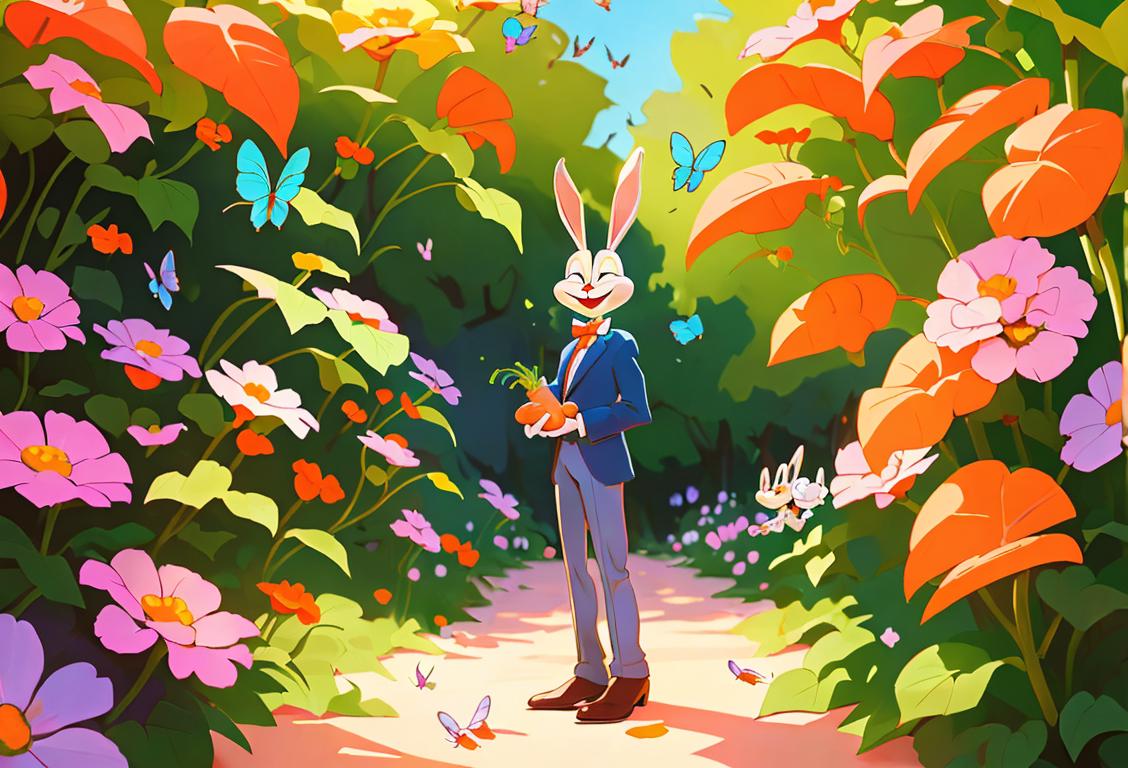 Young man dressed as Bugs Bunny, holding a carrot, standing in a whimsical garden setting with colorful flowers and butterflies..