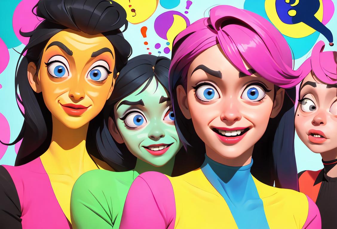 Happy National Ask a Stupid Question Day! A group of diverse individuals with quirky fashion styles and colorful backgrounds, eagerly asking silly, lighthearted questions..