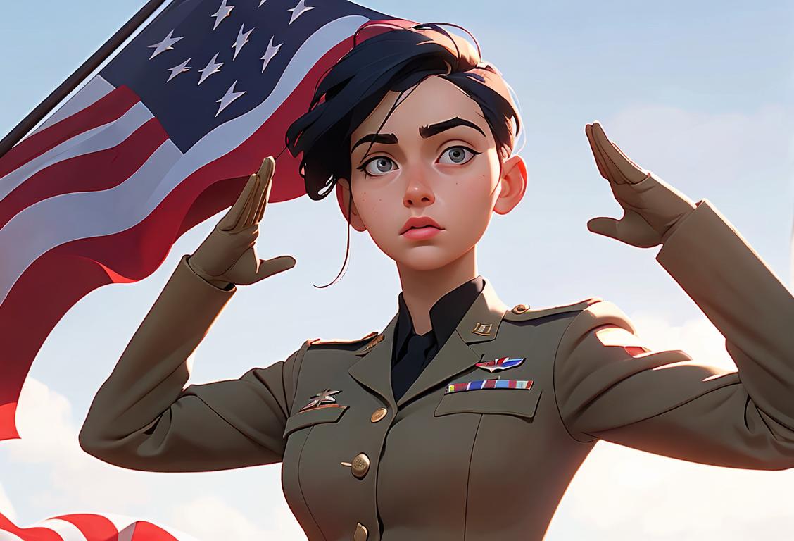 Young woman in a military uniform, saluting with pride, standing in front of an American flag..