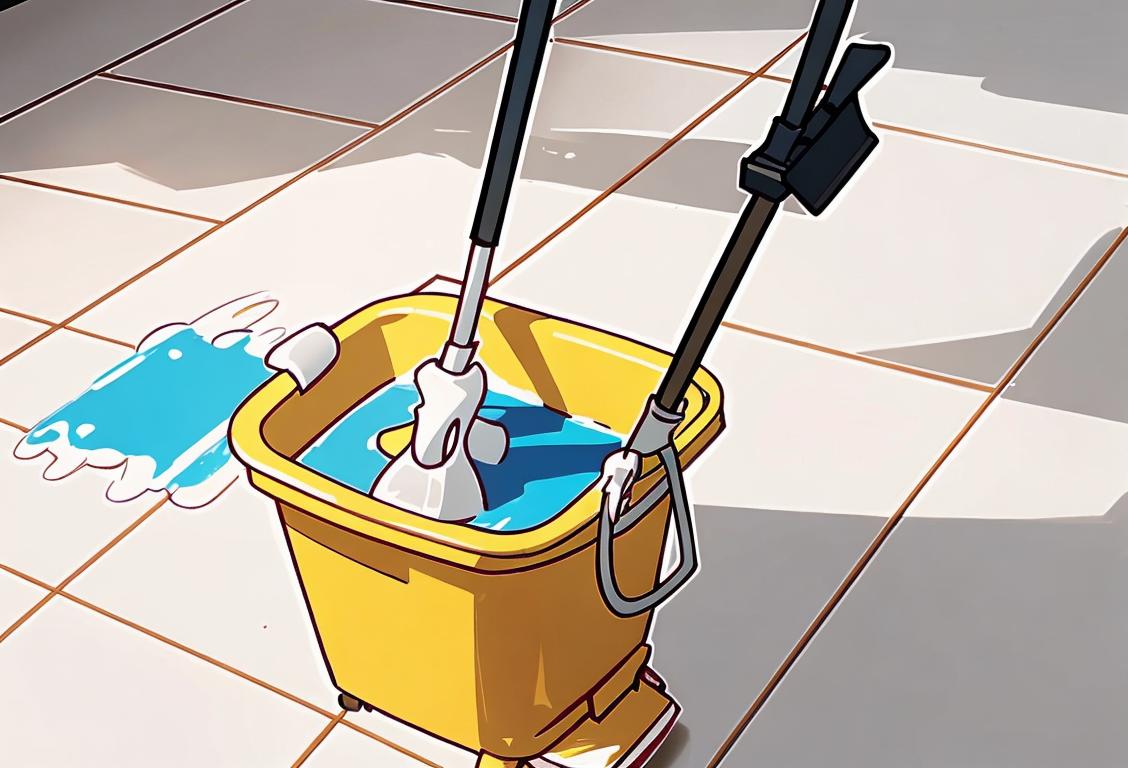 Happy National Clean Your Floors Day! A cheerful person in cleaning attire, holding a mop and bucket, surrounded by sparkling, freshly cleaned floors..