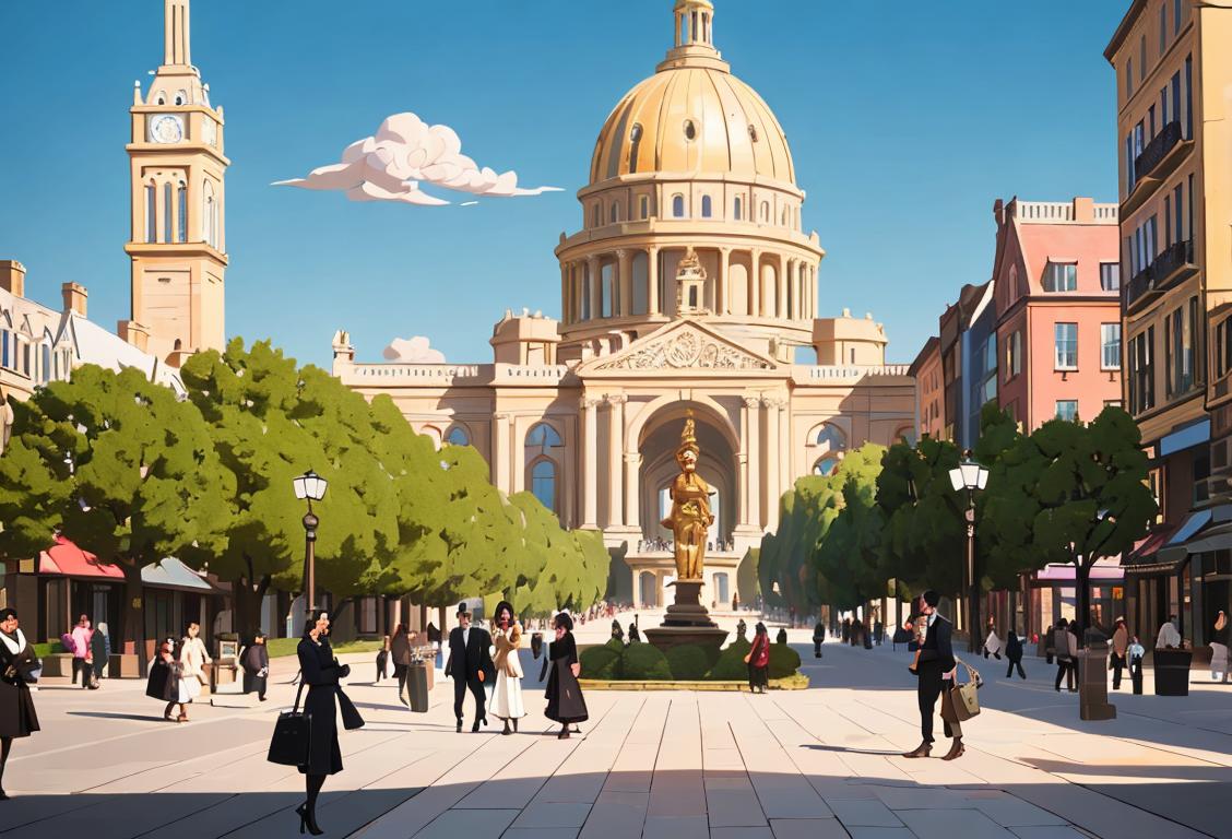 A group of diverse individuals in fashionable attire exploring a vibrant capital city, enjoying local cuisine and architectural landmarks..