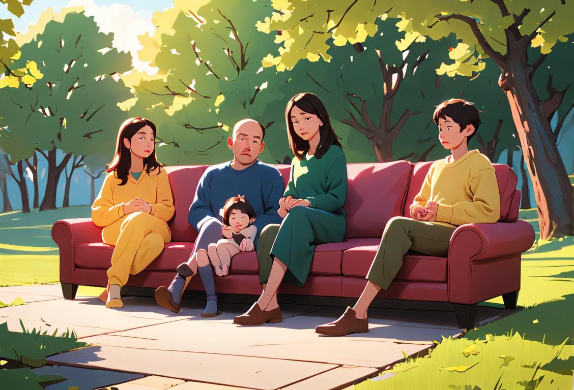 A diverse family sitting together on a cozy couch, surrounded by calming nature and wearing warm, comfortable clothing..