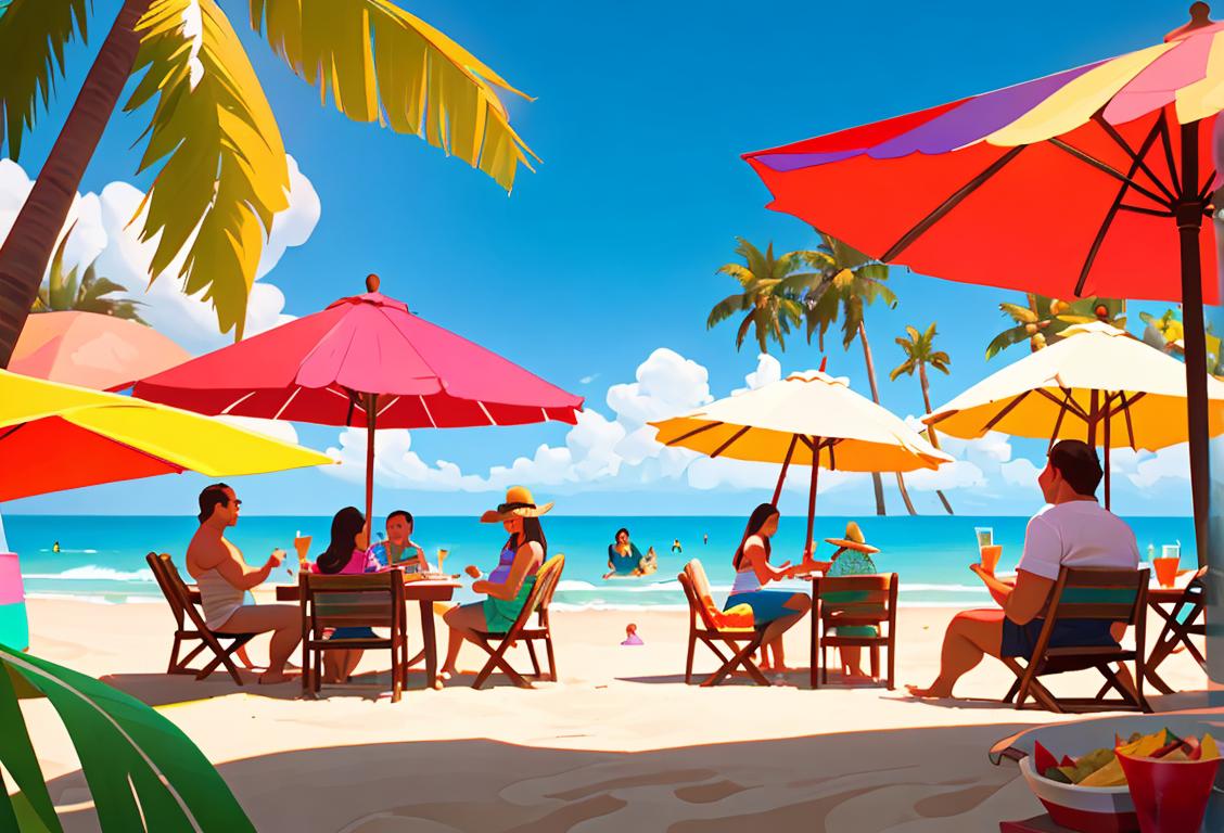 A lively fiesta scene: People enjoying tacos and vodka at a beachside celebration, wearing colorful sombreros, casual beach attire, and surrounded by tropical palm trees..