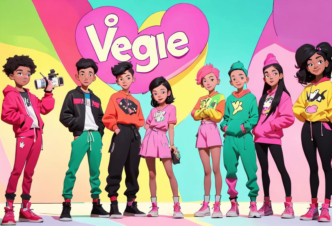 A diverse group of young people in trendy outfits, striking poses in front of a colorful backdrop, capturing the essence of vlogging and photography..