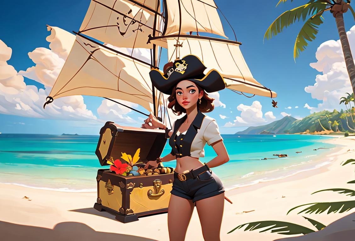Young woman posing with a treasure chest, wearing a pirate hat, retro fashion, tropical island setting..