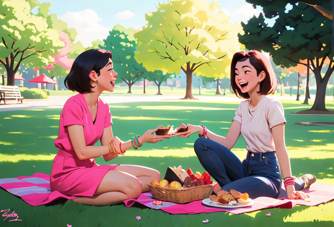 Two friends wearing matching bracelets and laughing, dressed in stylish casual outfits, enjoying a picnic in a beautiful park..