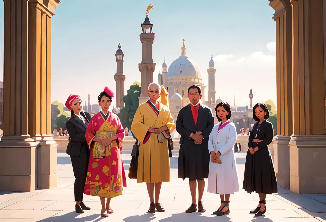 A diverse group of people standing in front of various landmarks, wearing stylish outfits that represent their nationalities and cultures..