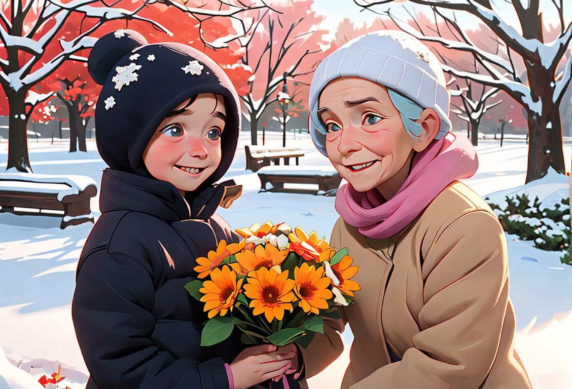 Smiling child handing a bouquet of flowers to an elderly person, both wearing cozy winter sweaters, snowy park setting..