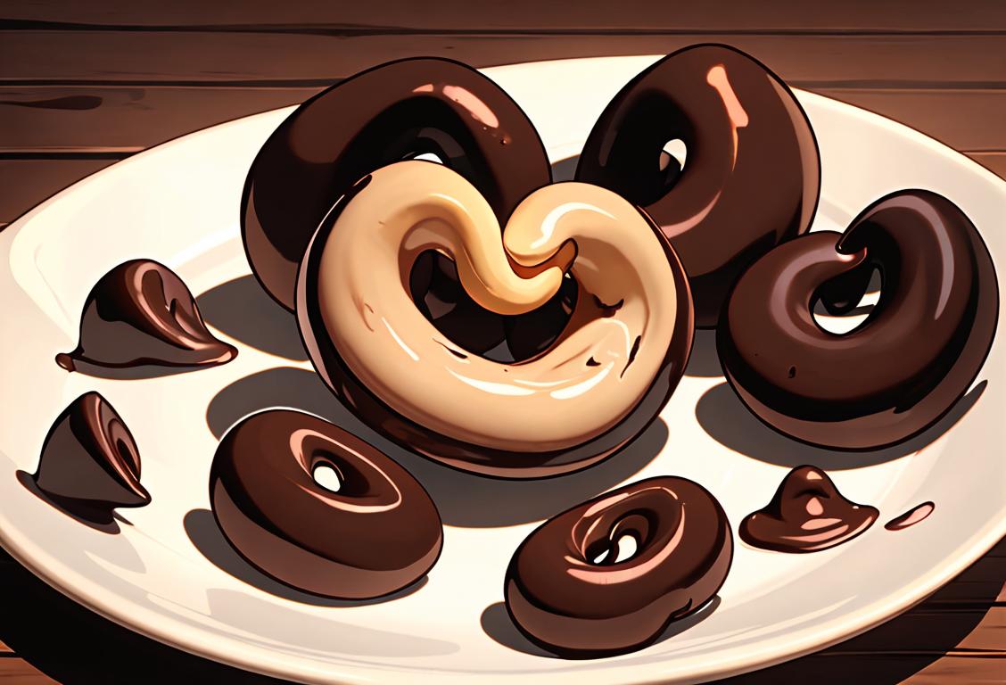 A close-up of chocolate-covered cashews, glistening in the light, with a rustic wooden background and a spoonful of melted chocolate nearby..