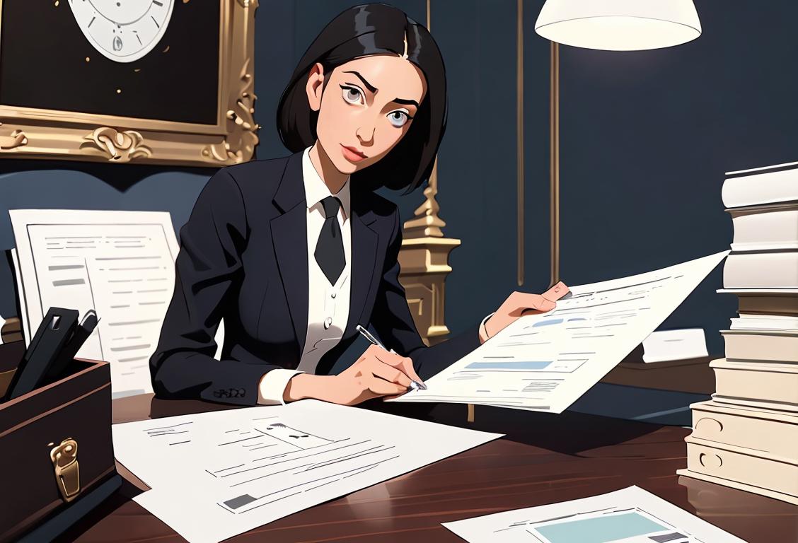 A person carefully inspecting a license document, dressed in business attire, surrounded by a variety of licensed items representing different industries..