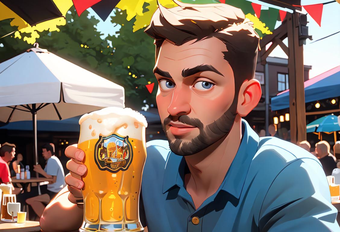 A person holding a frothy lager, dressed in trendy casual clothing, enjoying a vibrant outdoor beer garden atmosphere..