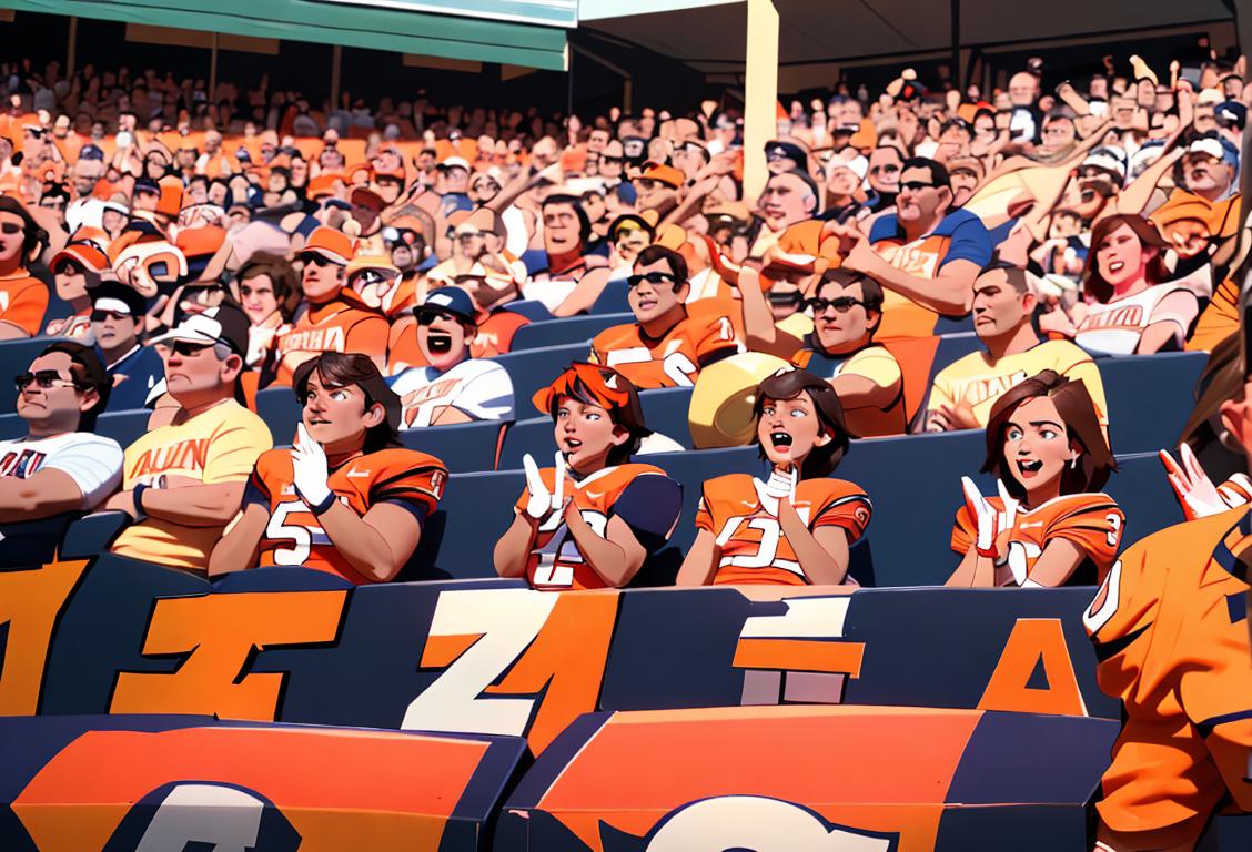 A group of college football fans wearing Auburn Tiger gear, holding foam fingers, cheering for Gus Malzahn in a vibrant stadium atmosphere..