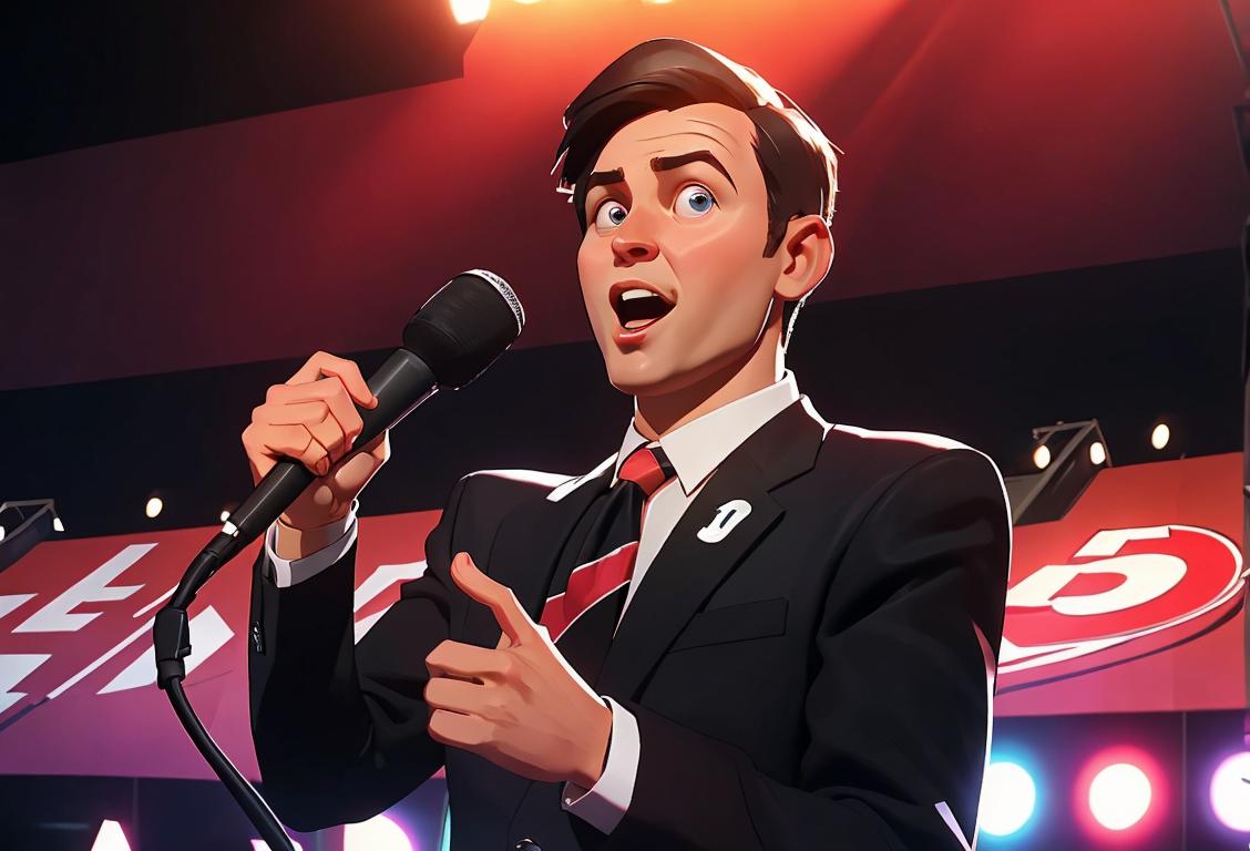 Cheerful reporter holding a microphone, wearing a suit and tie, in front of a stadium backdrop..