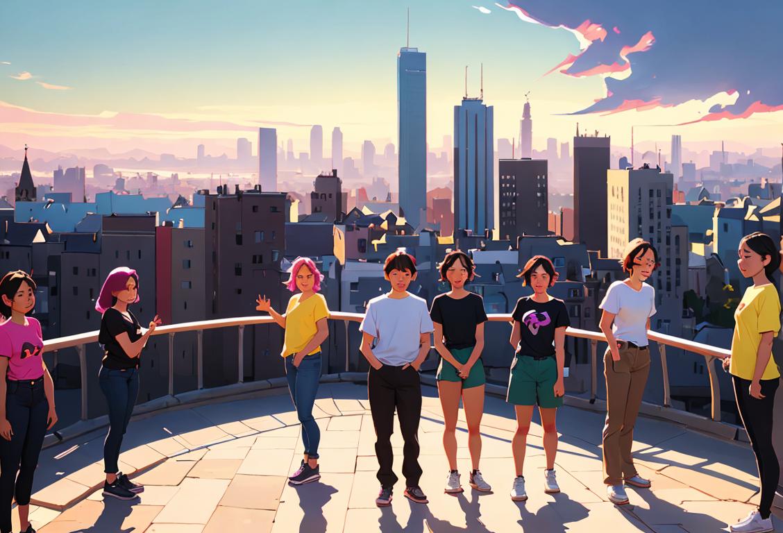 A diverse group of people, each wearing a shirt representing a different awareness cause, standing in front of a vibrant cityscape..