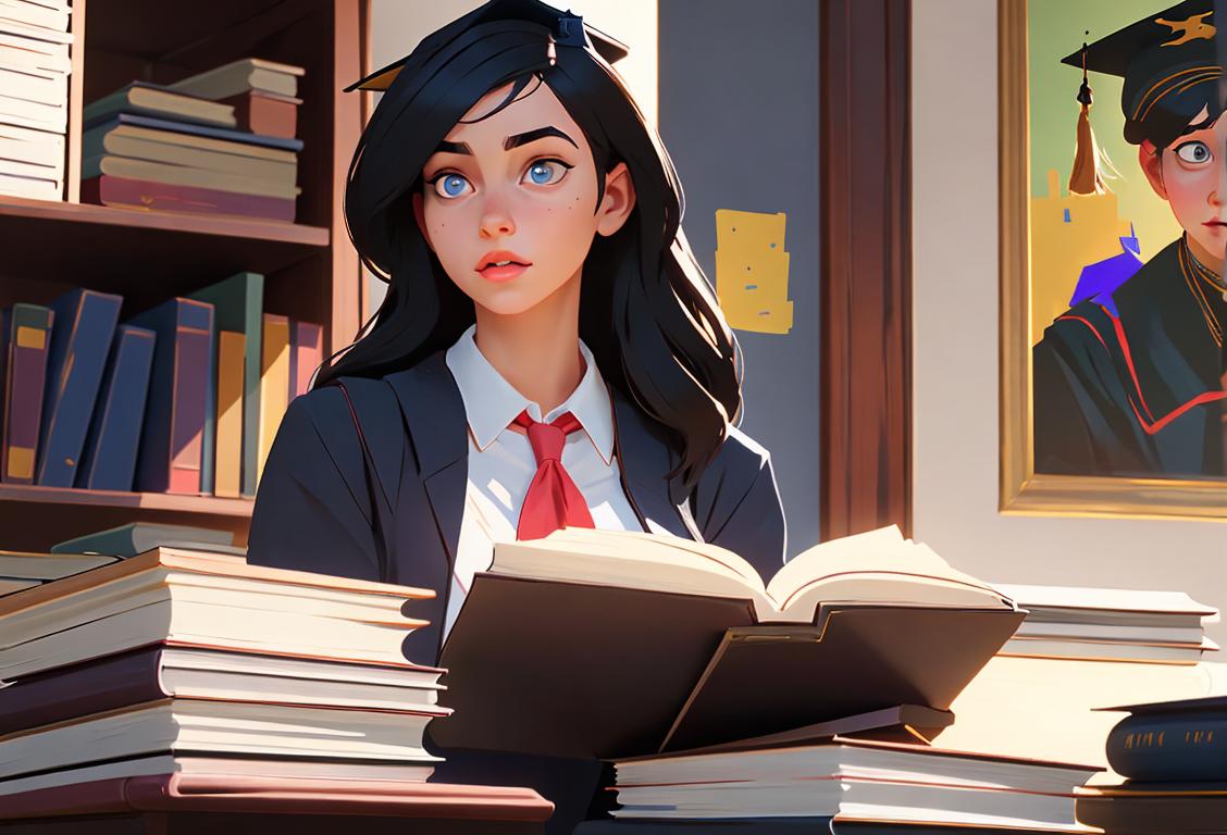 Young woman posing on a college campus, holding a stack of books, wearing a graduation cap and gown..