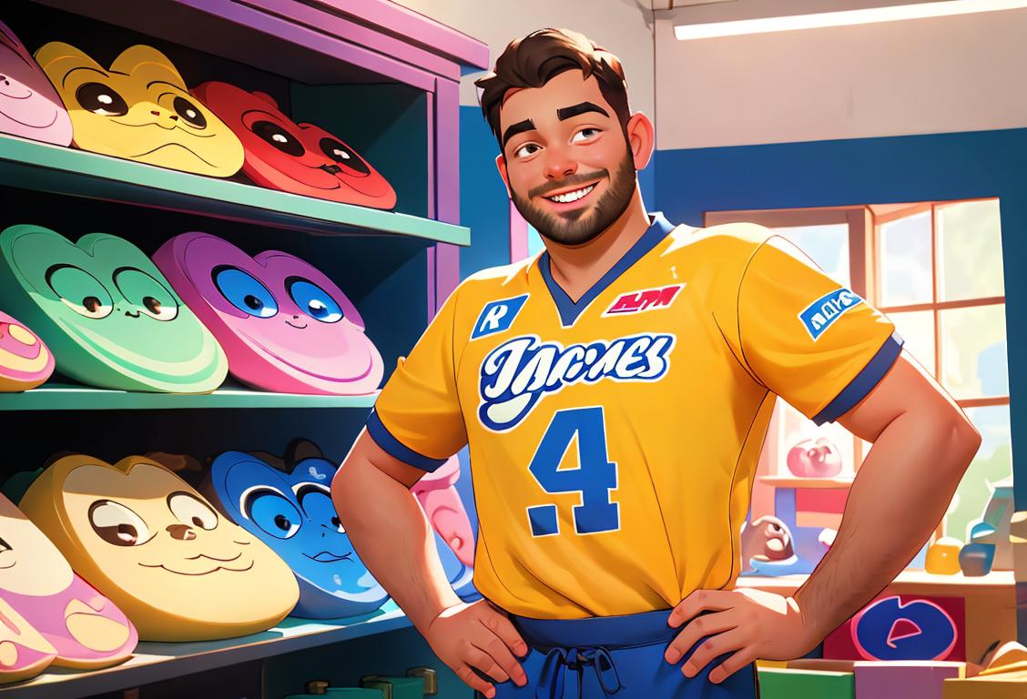 A cheerful shop owner with a big smile, wearing a team jersey, surrounded by fun and colorful team merchandise..