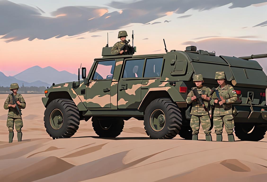 A group of soldiers from the National Guard standing in front of their military vehicles, wearing camouflage uniforms, ready for duty at sunrise..