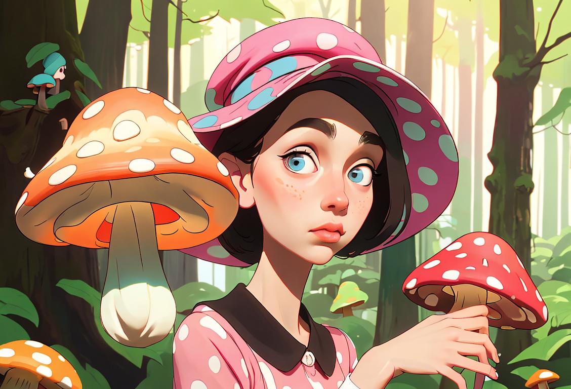Young woman wearing a polka-dot hat, mismatched socks, exploring a whimsical forest filled with colorful mushrooms and talking animals..