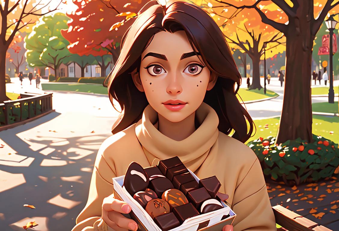 Young woman holding a basket of discounted chocolate bars, wearing a cozy sweater, autumnal park scene..