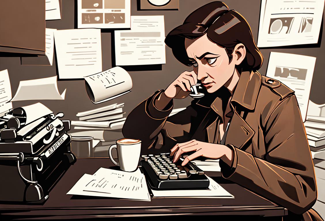 A diligent journalist, wearing a classic trench coat, typing on a vintage typewriter, surrounded by stacks of newspapers and coffee cups..