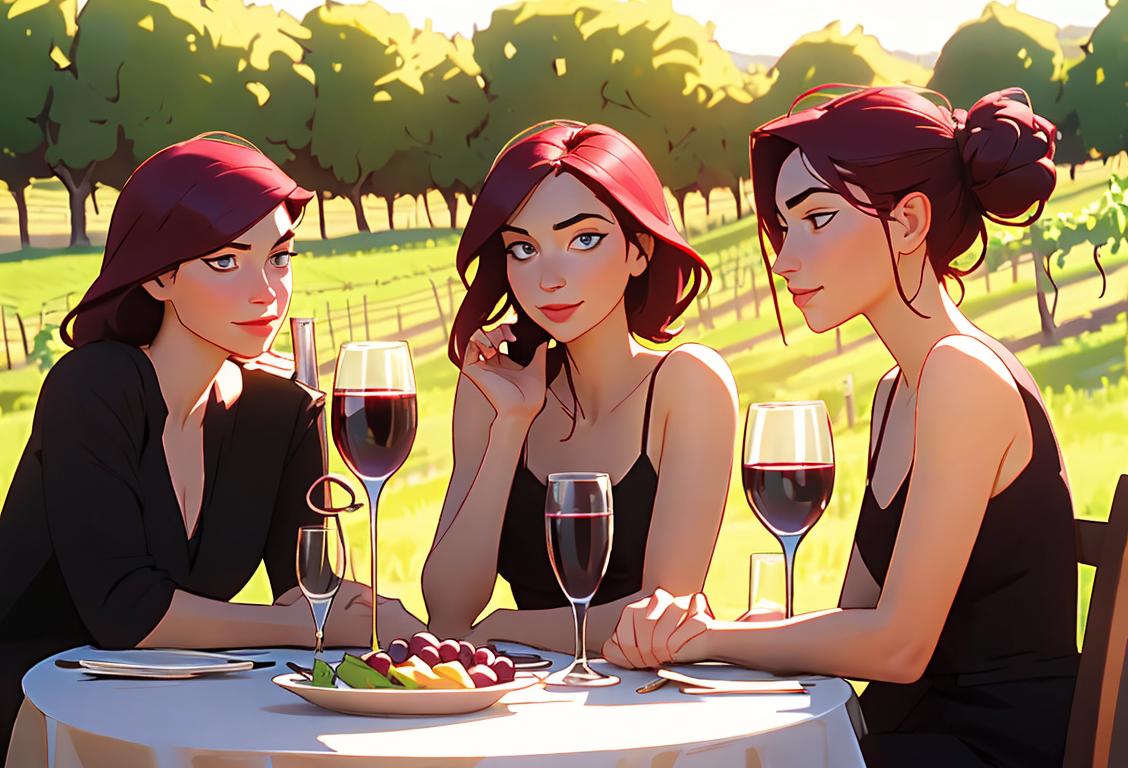 Group of friends holding wine glasses, sitting at a vineyard, country chic fashion, sunny outdoor setting..