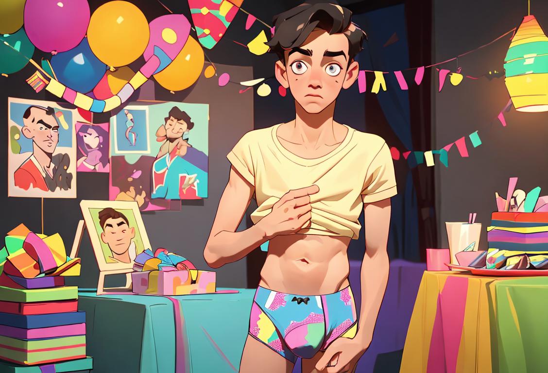 Young man wearing colorful patterned boxers, surrounded by a stack of different types of underwear, party decorations in the background..
