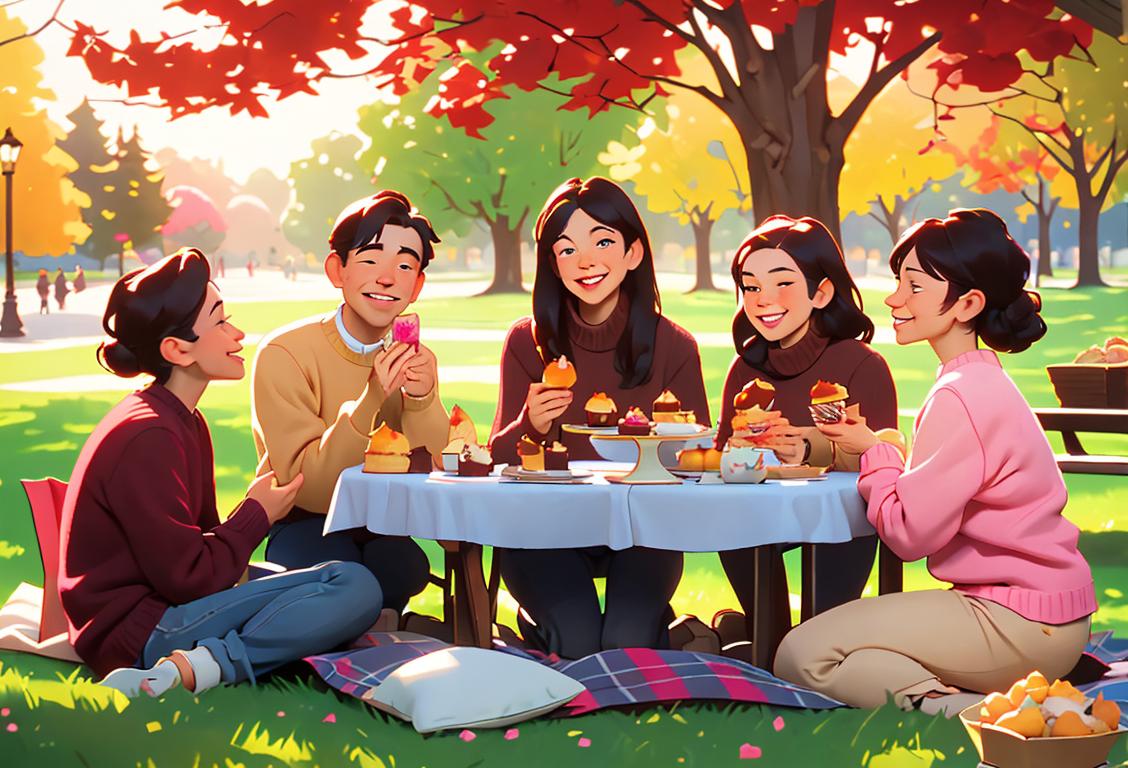 A table set with an assortment of muffins, both sweet and savory, surrounded by smiling people dressed in cozy sweaters enjoying a picnic in a park..