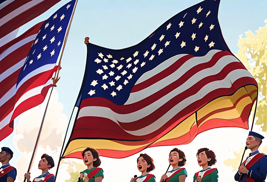 A diverse group of people, dressed in patriotic colors, singing the national anthem together in a park, surrounded by American flags..