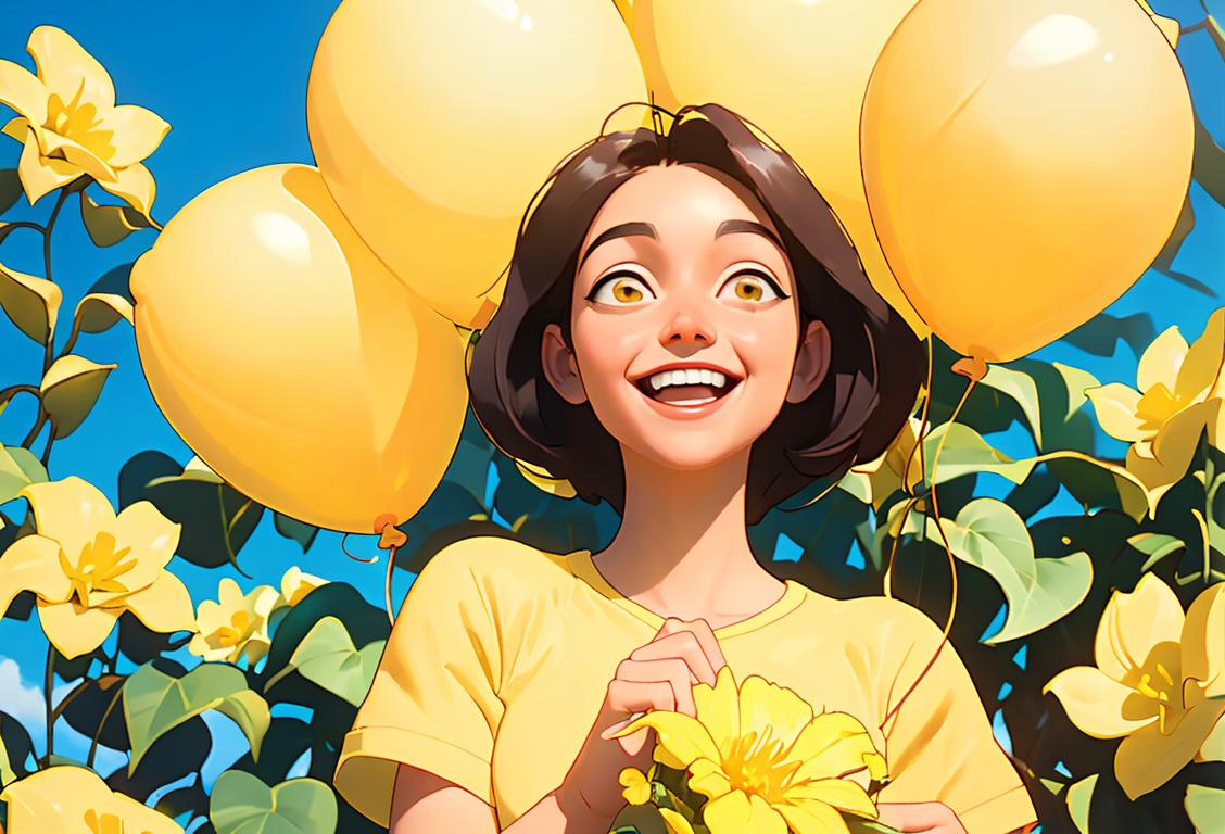 A bright and sunny image featuring a person wearing a yellow shirt, surrounded by vibrant yellow flowers in a garden. The person has a big smile on their face, radiating happiness. They are holding a yellow balloon, which adds to the joyful atmosphere. The scene is filled with warmth and positivity, embodying the spirit of National Yellow Day. .