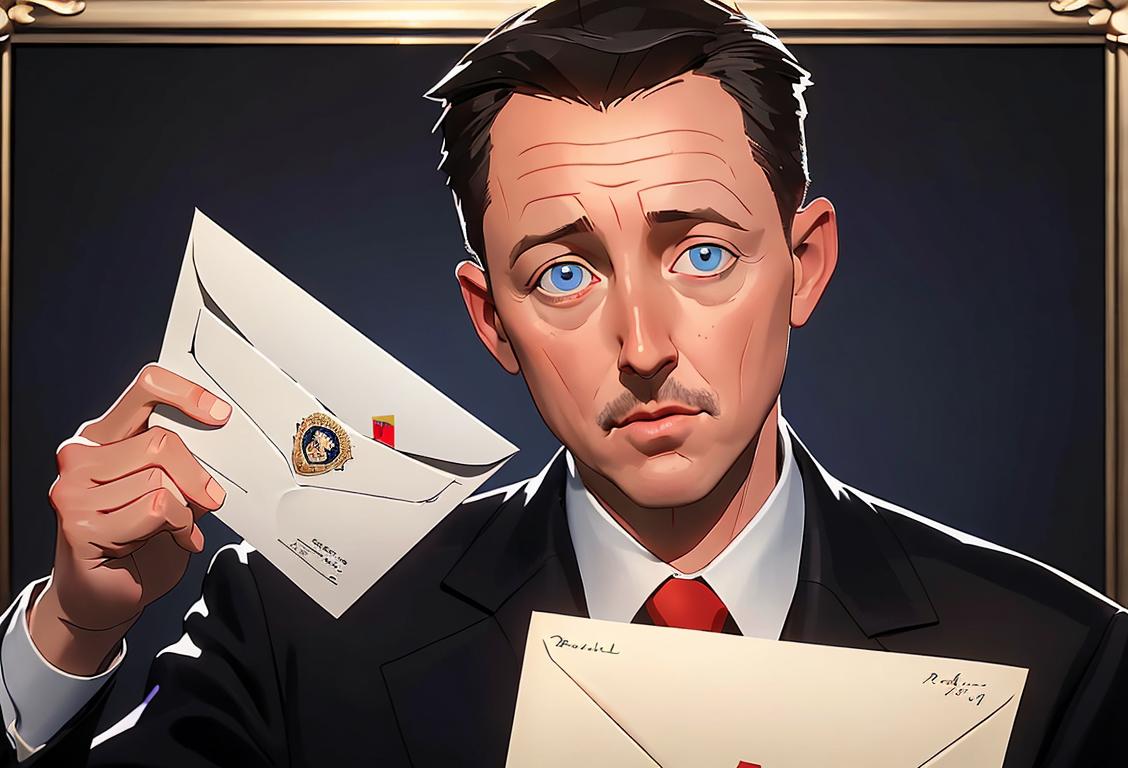 Intelligence emblem in background, Richard Grenell revealing a sealed envelope on Inauguration Day, politicians and journalists observing in suspense..