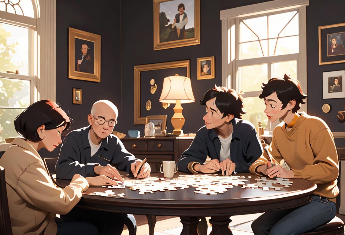 A group of diverse individuals gathered around a table, solving puzzles together with enthusiasm, wearing casual and comfortable clothing, in a cozy and well-lit living room setting..