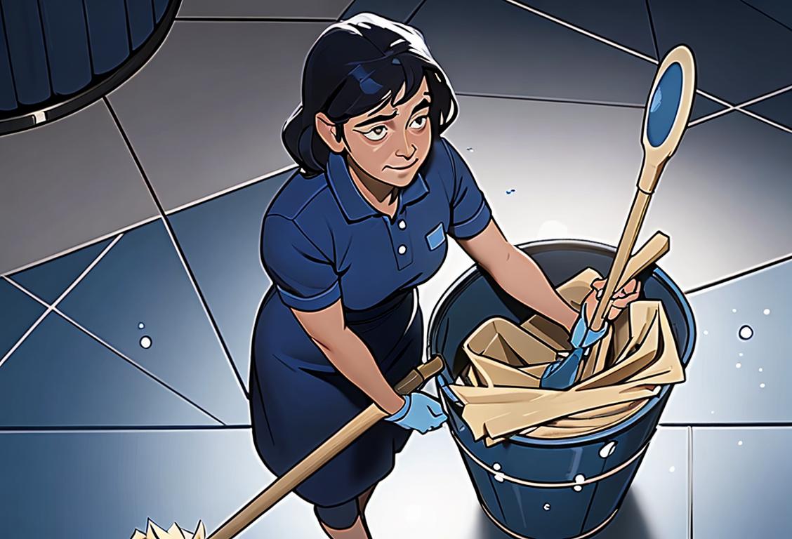 A custodial worker in a blue uniform, holding a mop and bucket, surrounded by clean and sparkling spaces..