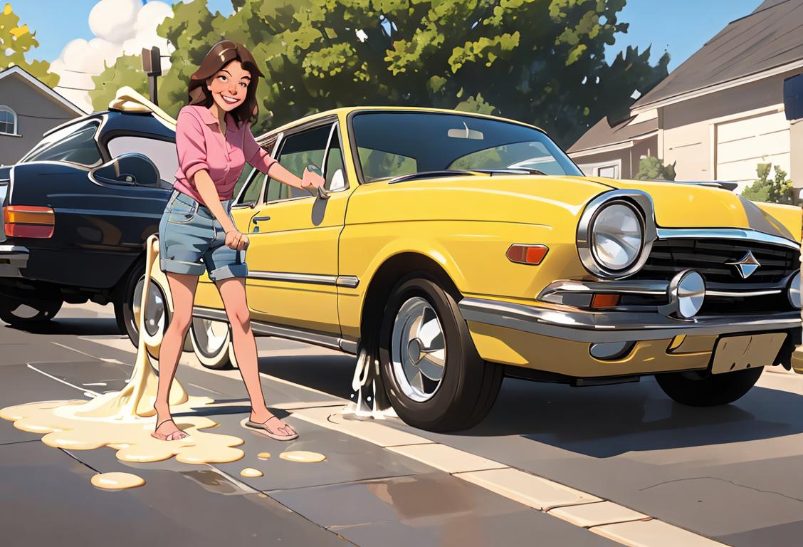 A smiling person in casual clothing, holding a hose and washing a shiny car in a sunny neighborhood street with friends or family, creating soap suds that add a playful touch to the scene..