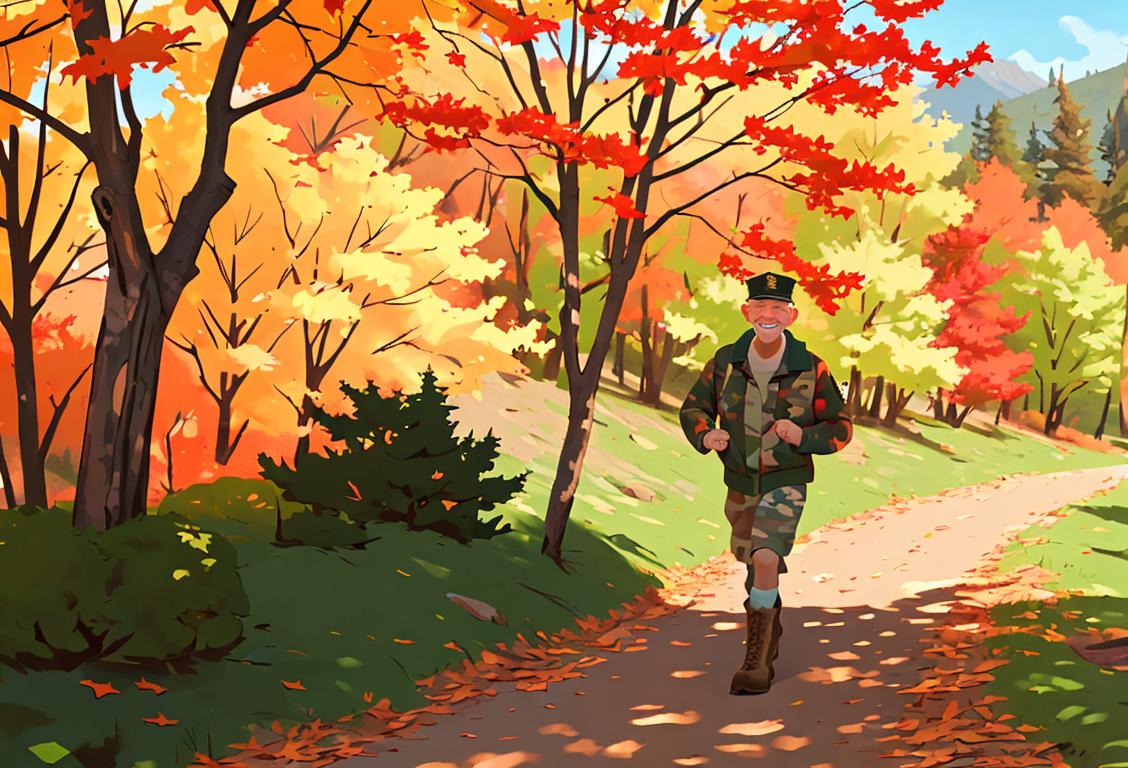Smiling veteran wearing a camo jacket, hiking boots, exploring a scenic national park trail surrounded by autumn colors..