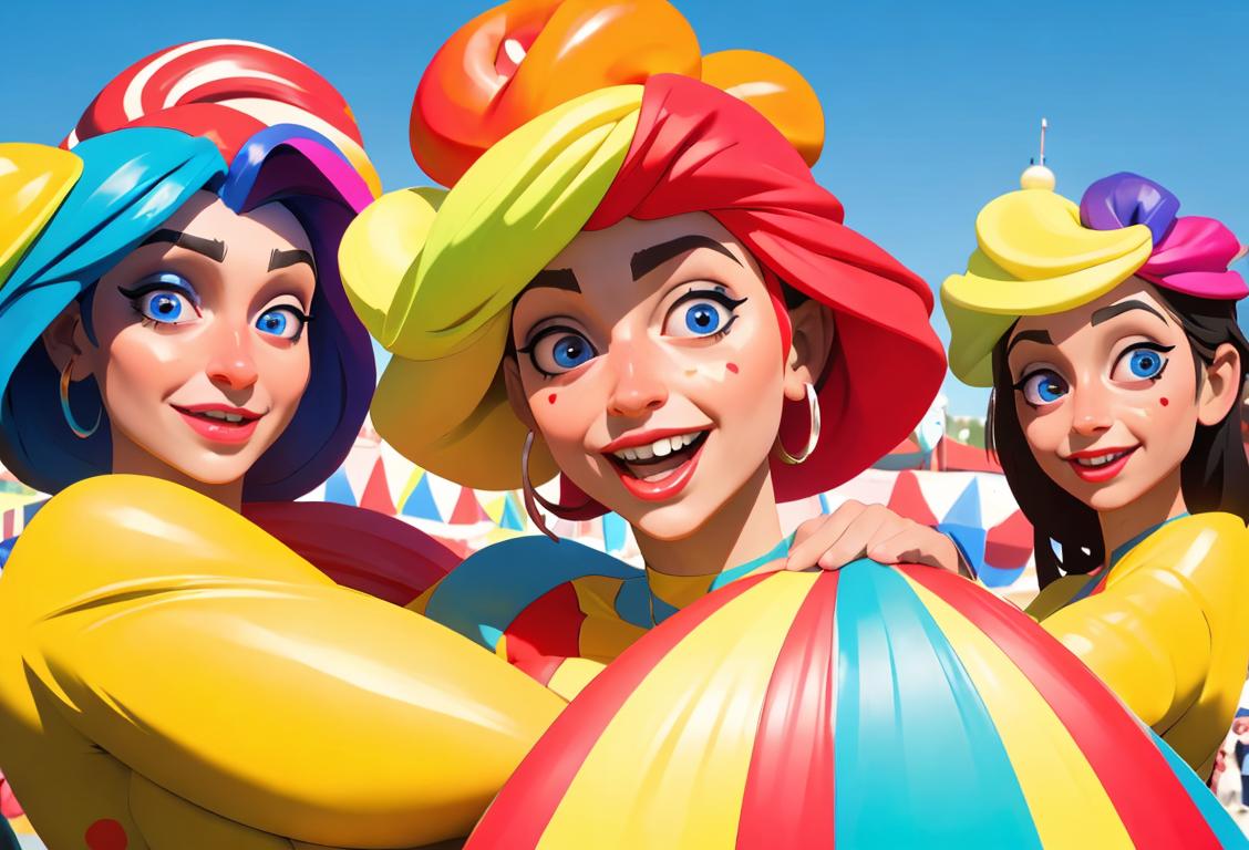 Cheerful group of people dressed in vibrant and oversized costumes, celebrating the National Day for the Largest Day in a colorful carnival setting..