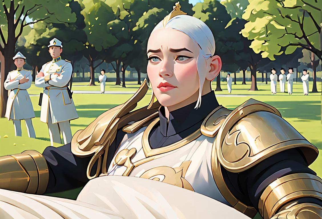 Brave peacekeeper smiling in a serene park, wearing a uniform, surrounded by diverse peaceful people..