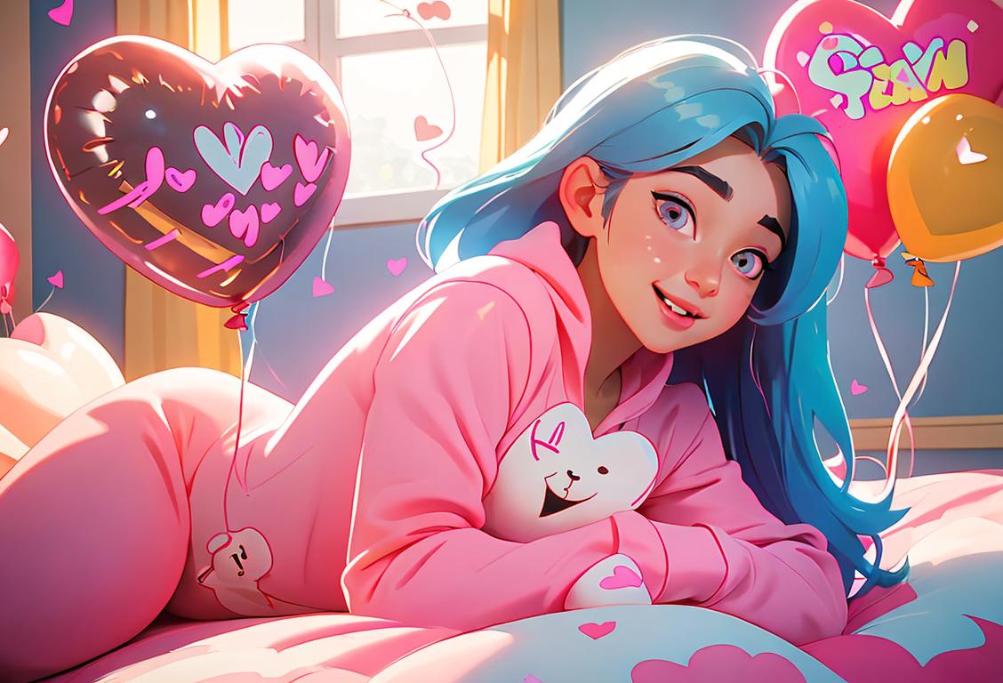 A cheerful cam girl wearing a cute onesie, surrounded by heart-shaped balloons in a cozy bedroom setting..