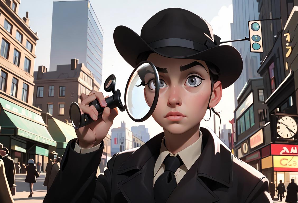 Young person with keen look in their eyes, wearing a detective's hat, holding a magnifying glass, in a bustling city scene..