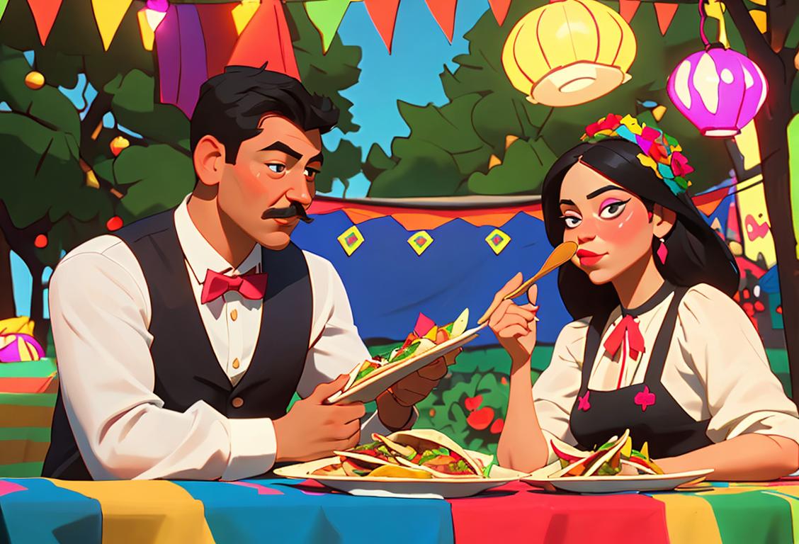 A couple enjoying a romantic picnic with a plate of mouthwatering tacos, surrounded by colorful Mexican decorations and a festive Mariachi band playing in the background..