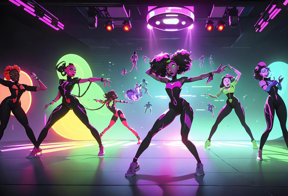 A group of dancers, wearing futuristic outfits, surrounded by colorful laser lights, jamming to dubstep beats..