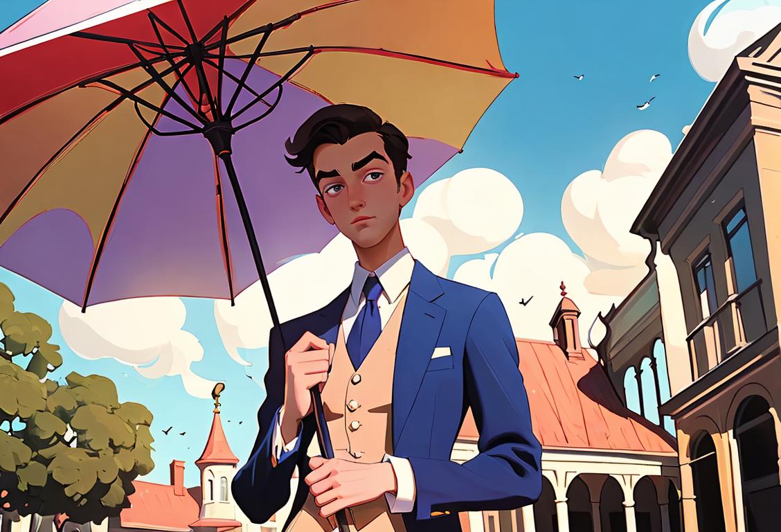 Young man wearing a seersucker suit, stylishly posing in front of a historic building, surrounded by colorful parasols..
